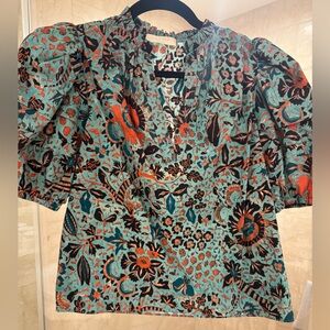 Ulla Johnson Teal and Orange Floral Blouse